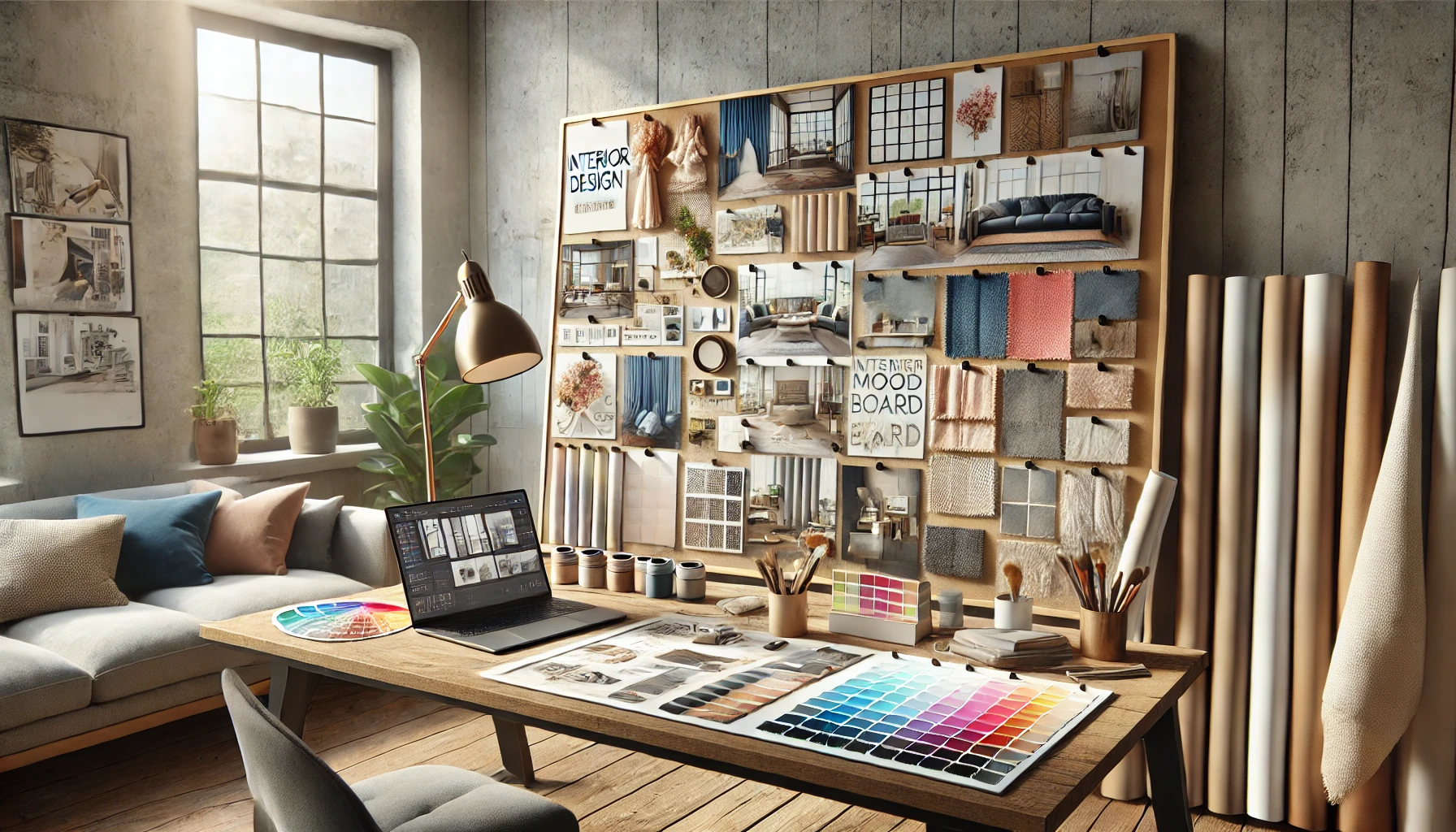 a designer's workspace focused on creating an interior design mood board.