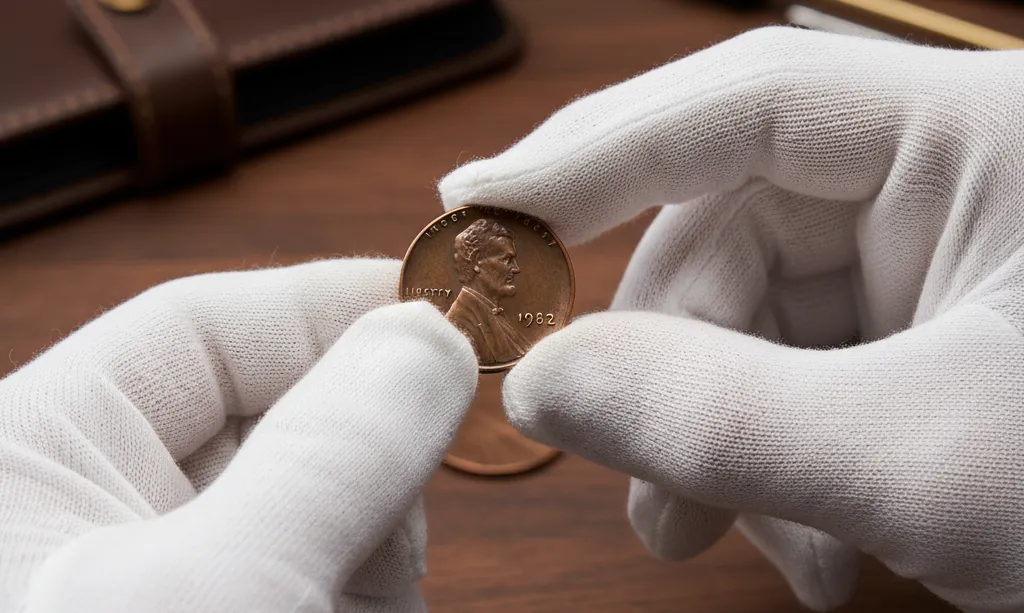 Hands in white gloves holding a 1982 Lincoln Penny