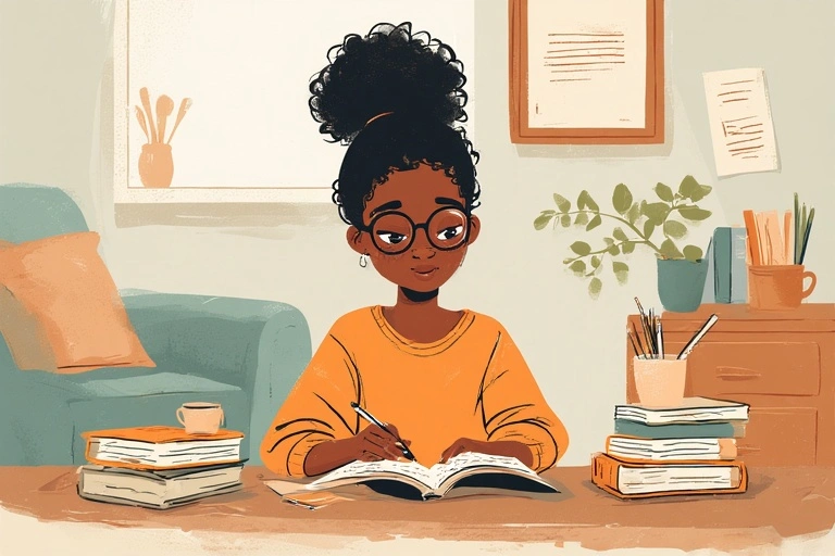 A dark-skinned girl is studying in her room