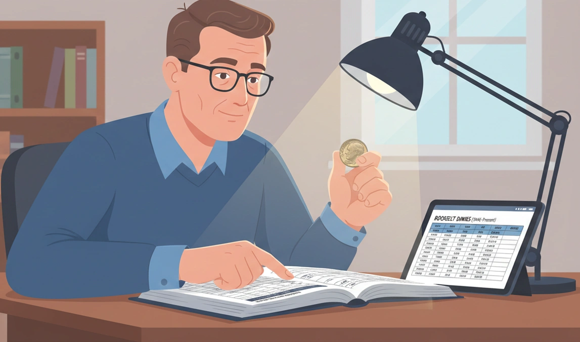 A coin dealer evaluating the value of a 1970 Roosevelt dime, price guide open on desk
