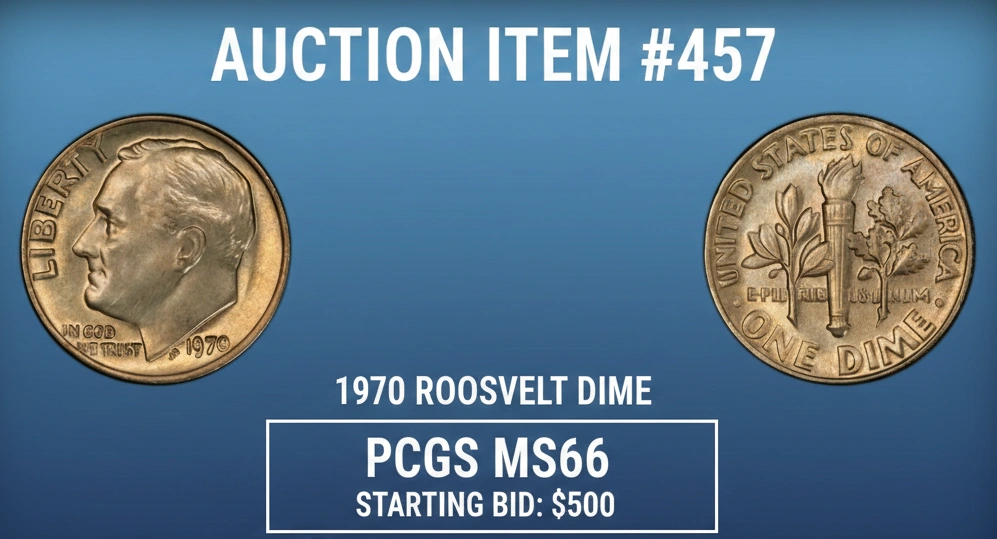 An auction board displaying a graded 1970 dime